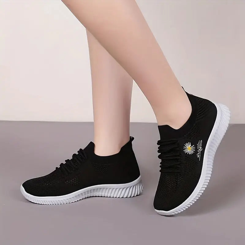 Women's Daisy Knitted Sock Sneakers, Breathable & Comfortable Lace Up Sports Shoes, Casual Running Walking Sneakers Lady T Fashions