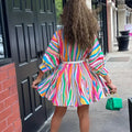 Women's V-Neck Rainbow Stripe Short Dress Three Quarters Sleeve Casual Summer Sundress With Tie Waist Lady T Fashions