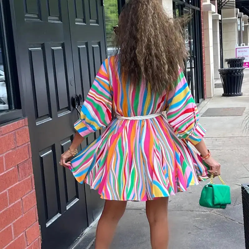 Women's V-Neck Rainbow Stripe Short Dress Three Quarters Sleeve Casual Summer Sundress With Tie Waist Lady T Fashions