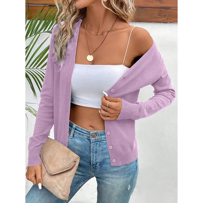 Women's Long Sleeve V-Neck Button Down Cardigan Knit Shrugs Sweater Lady T Fashions