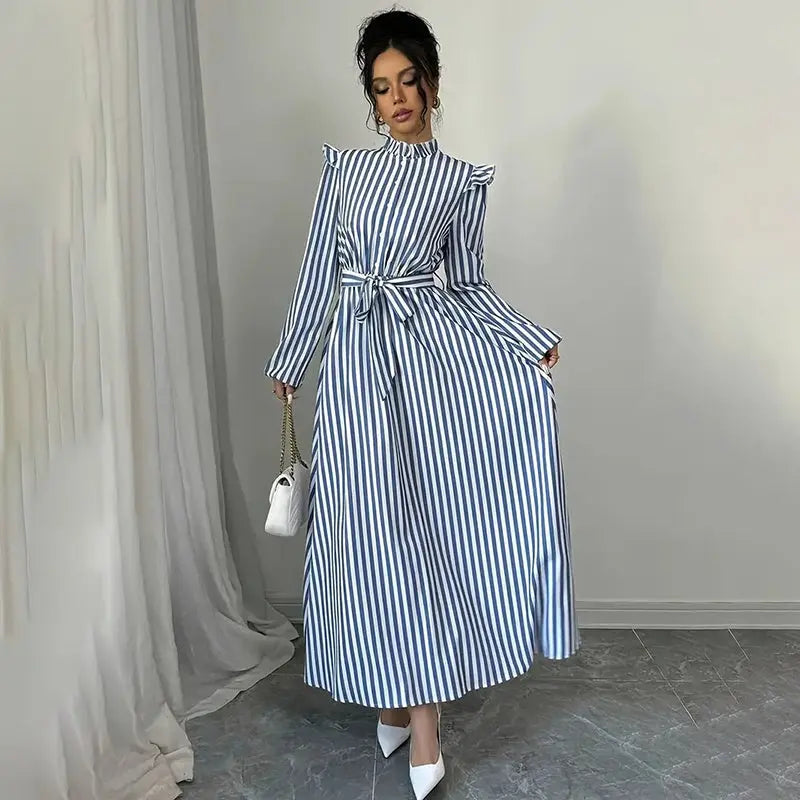 Women's Floral Print Long Sleeve Maxi Dress - Stand Collar A-Line Dress With Waist Detail, Lantern Sleeves & Ruffle Hem For Spring&Fall Lady T Fashions