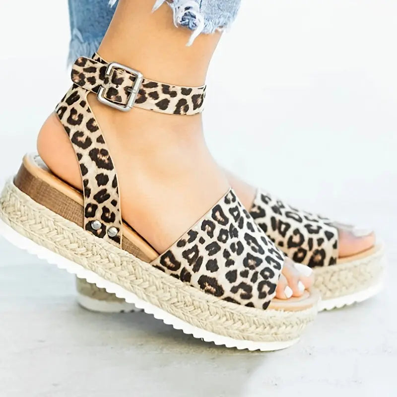 Mid Heel Platform Espadrille Sandals - Buckle Ankle Strap, Open Toe, Lightweight, Non Slip, Faux Leather Upper, PU Sole, Comfortable, Casual, Solid Color, Summer Shoes for Women Lady T Fashions