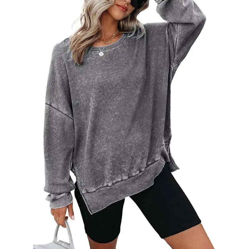 Womens Waffle Knit Crewneck Sweatshirts Long Sleeve Side Slits Casual Pullover Sweatshirt Tops Lady T Fashions