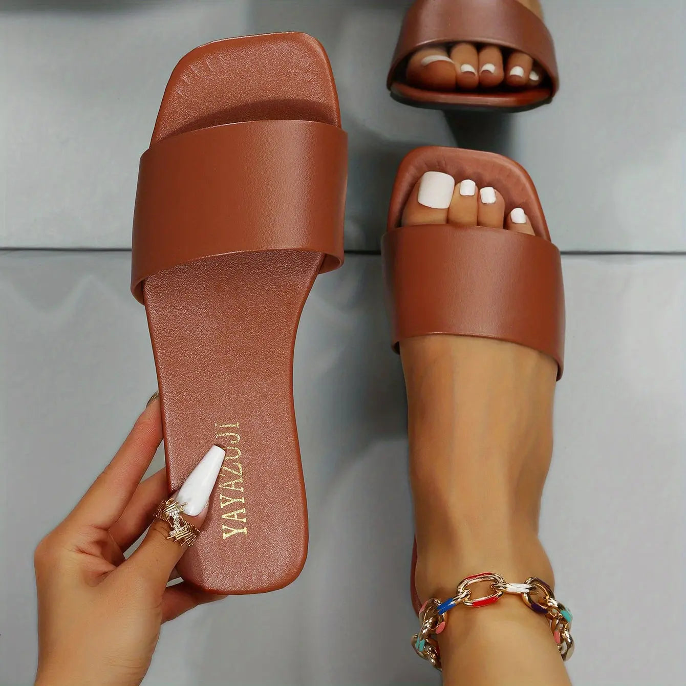 Women's Colorful Slide Sandals - Fashionable Open-Toe Flats with Ankle Strap, Faux Cover Upper & Rubber Sole, Casual Summer Shoes in Red, Green, Yellow, Blue, Brown, Black, White, Summer Footwear | Fashionable Flats | Durable Lady T Fashions