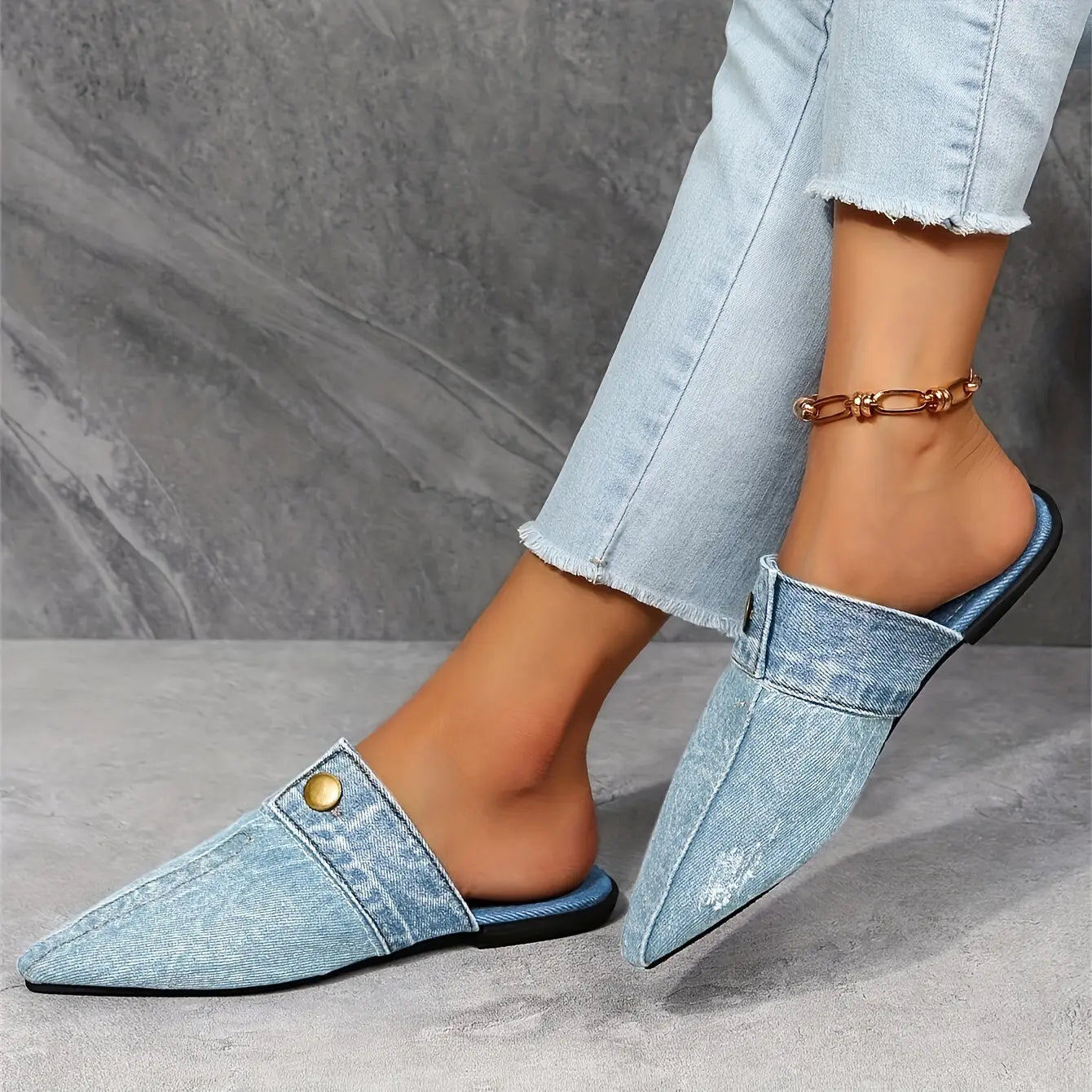 Women's Denim Flat Mules, Fashion Pointed Toe Slip On Non Slip Shoes, Casual Outdoor Slides Lady T Fashions