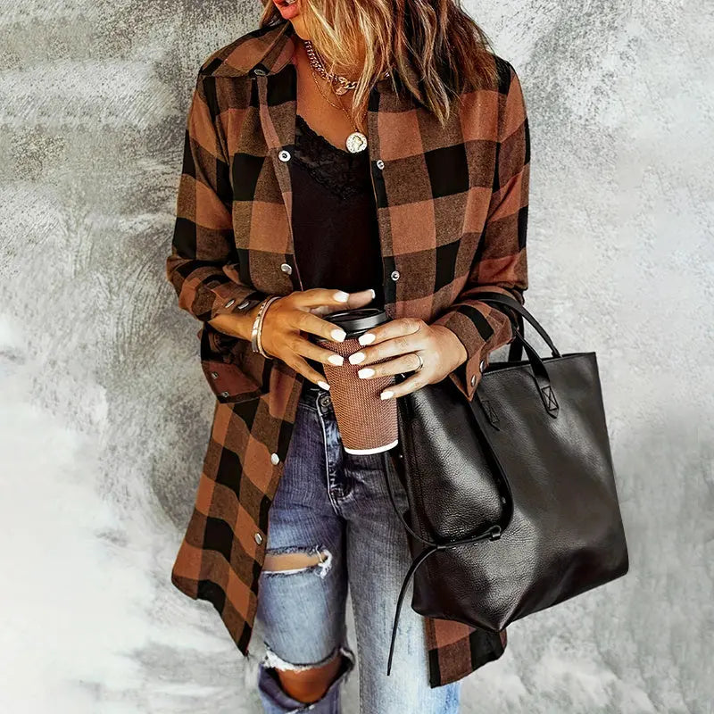 Women's Long Sleeve Plaid Print Button Front Casual Shirt For Spring & Fall Lady T Fashions