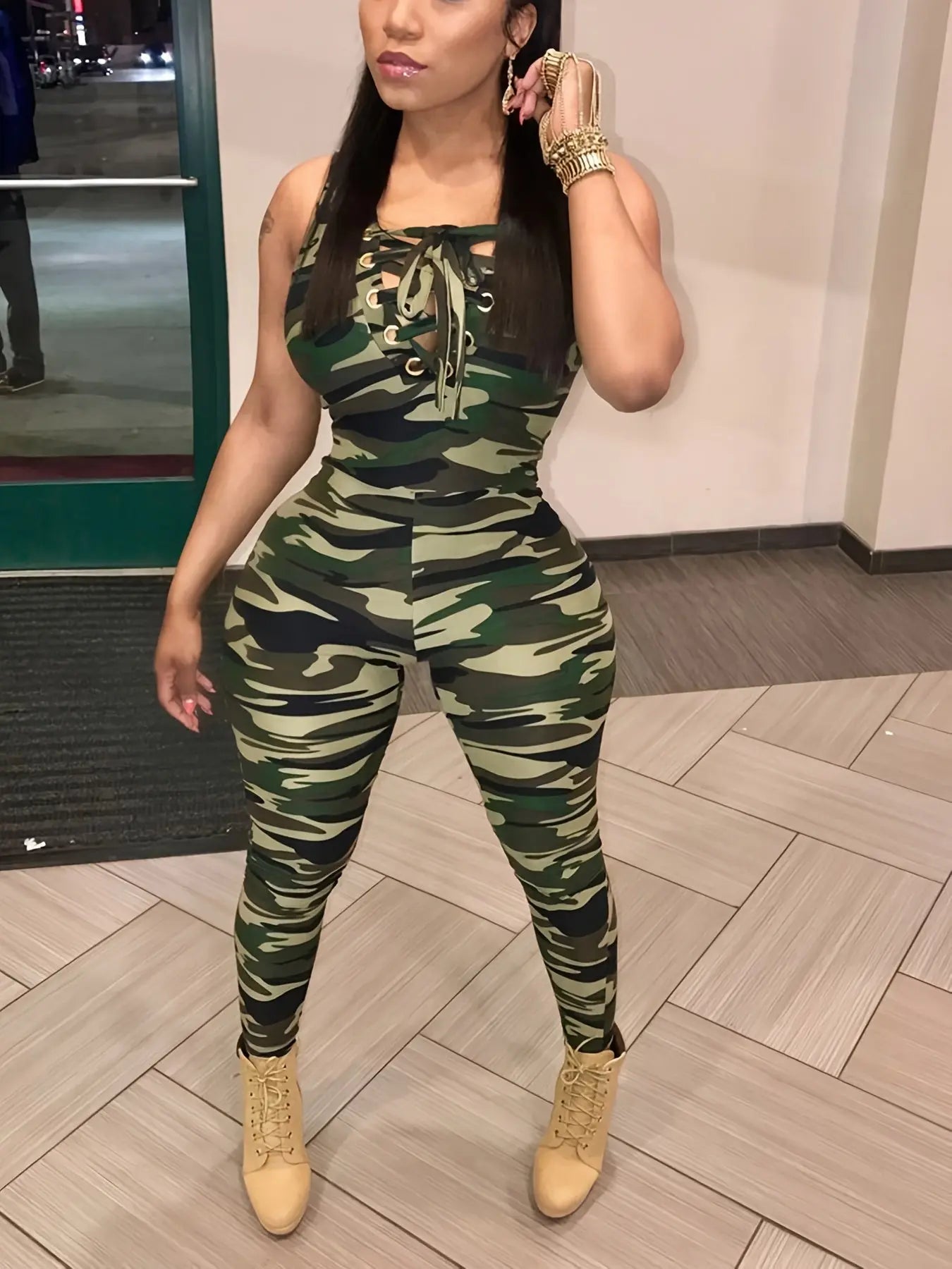 Sleeveless Leopard Print Sexy Jumpsuit, Skinny Camouflage Knitted Jumpsuit, Women's Clothing Lady T Fashions