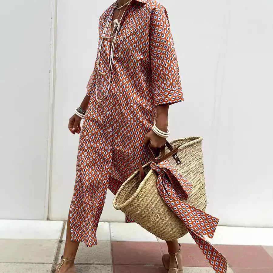 Striped Shirt Dress With Belt Fashion Half-sleeved Lapel Button Cardigan Dresses Women's Clothing Lady T Fashions