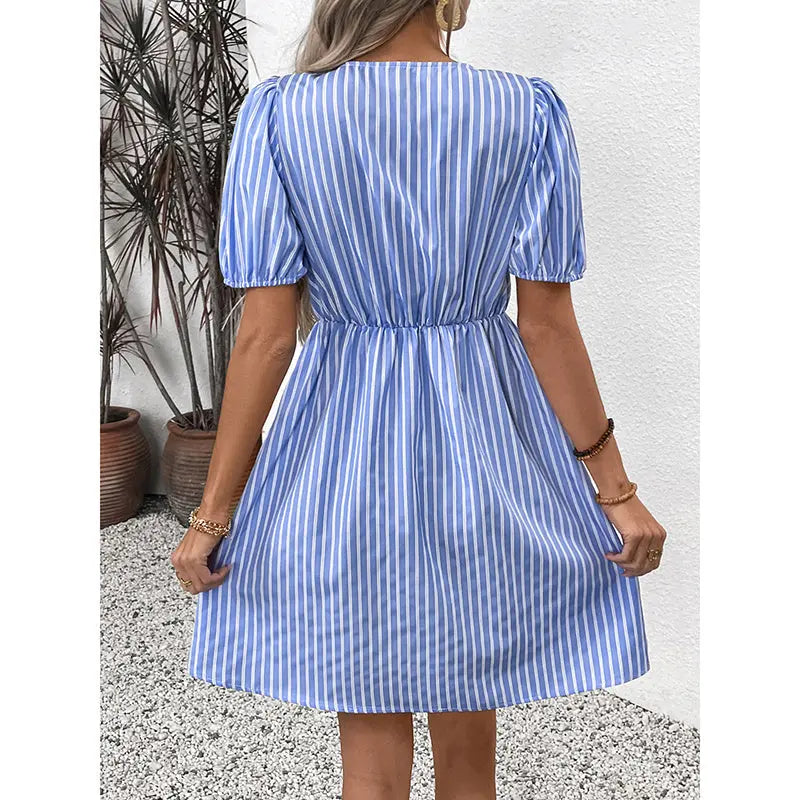 Women's Striped Tie Front Puff Sleeve Summer Casual Mini Dresses Loose Flowy Sundress Lady T Fashions