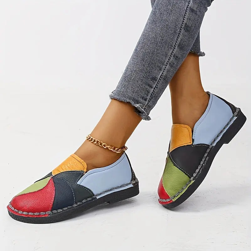 [Fashion Loafers] Soft Colorblock Women's Flat Loafers | Fashion Round Toe Slip On Faux Leather Shoes, Casual Walking Anti-skid Shoes Lady T Fashions