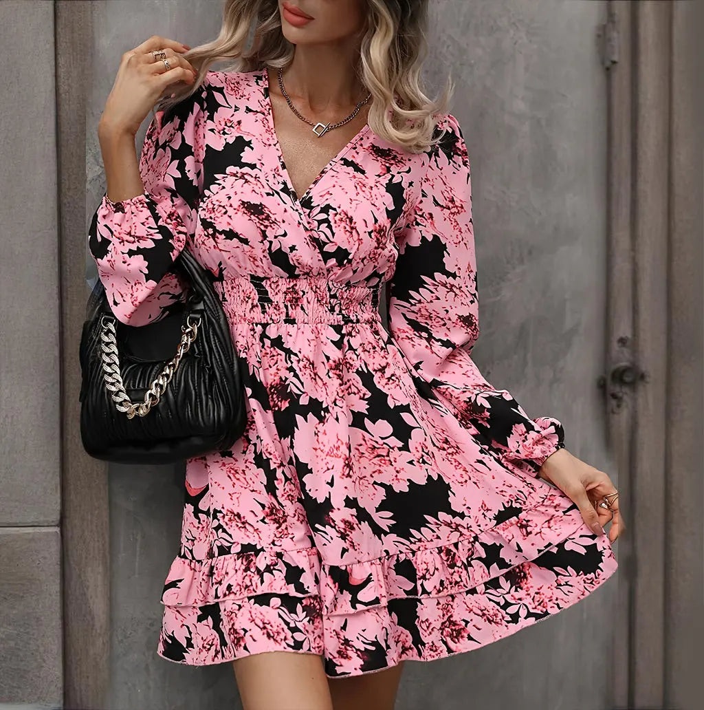 Women's Elegant Printed Lantern Sleeve A-Line Dress V-Neck, Ruffled Gathered Waist Detail, Flowy Midi Dress For Casual & Formal Occasions Lady T Fashions
