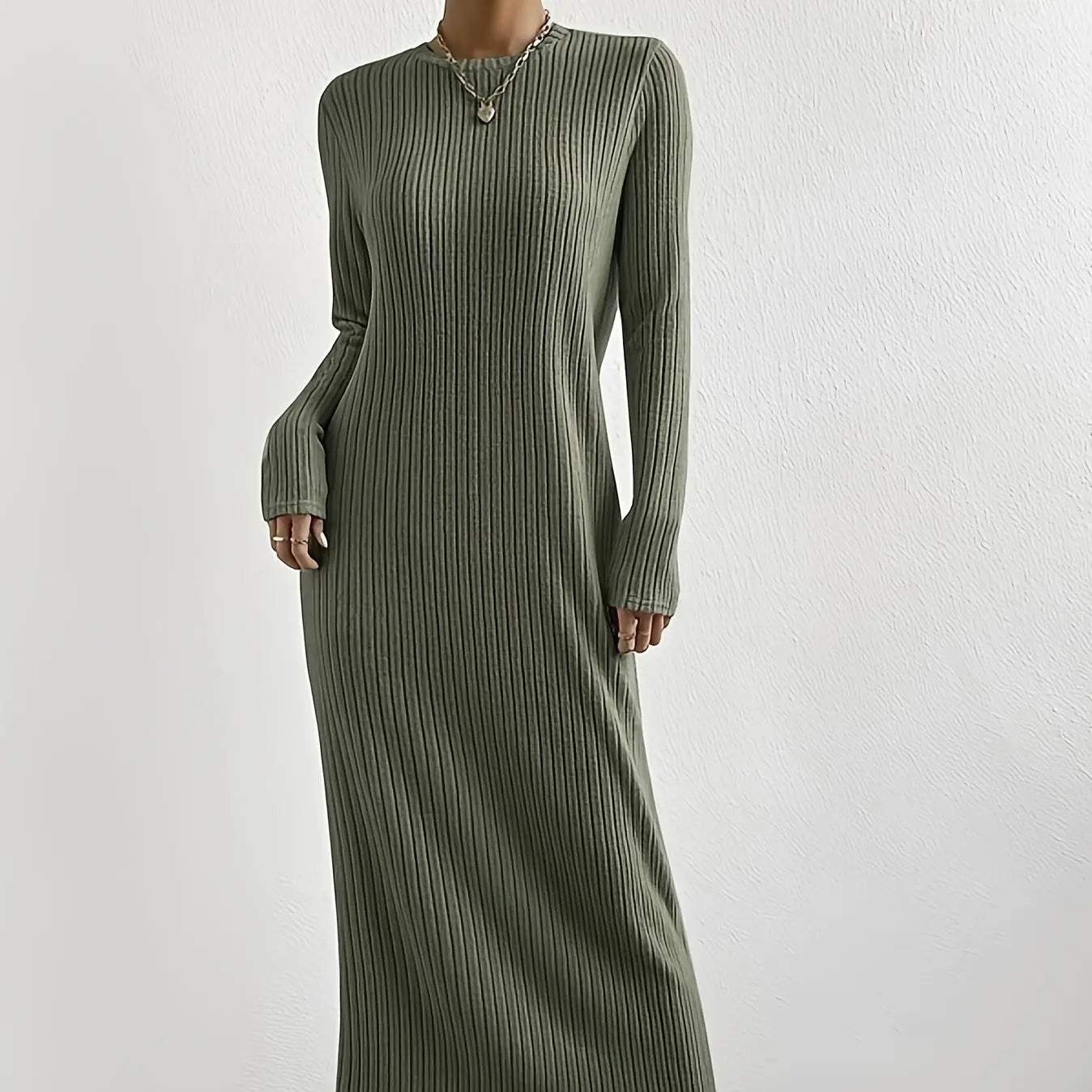 Women's Solid Color Ribbed Round Neck Long Sleeved Straight Tube Dress Lady T Fashions