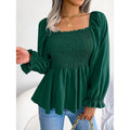 Women's Peplum Tops Square Neck Ruffle Trim Long Sleeve Blouse Smocked Top Dressy Casual Shirts Lady T Fashions
