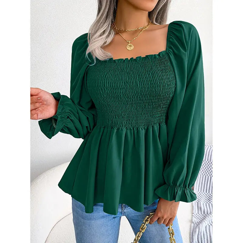Women's Peplum Tops Square Neck Ruffle Trim Long Sleeve Blouse Smocked Top Dressy Casual Shirts Lady T Fashions