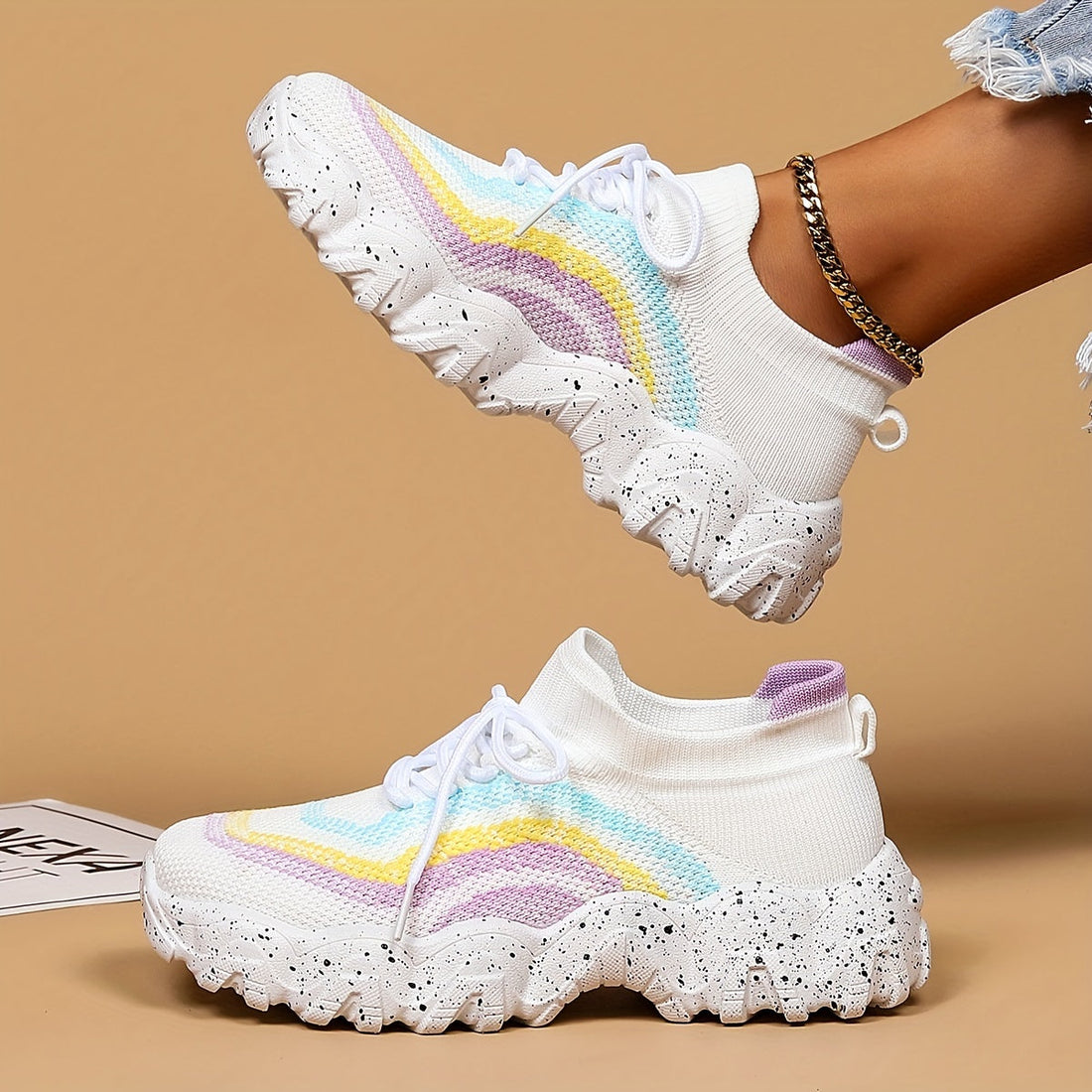 Women's Flying Woven Walking Shoes, Fashion Lace Up Outdoor Casual Sneakers, Breathable Weaving Sneakers Lady T Fashions