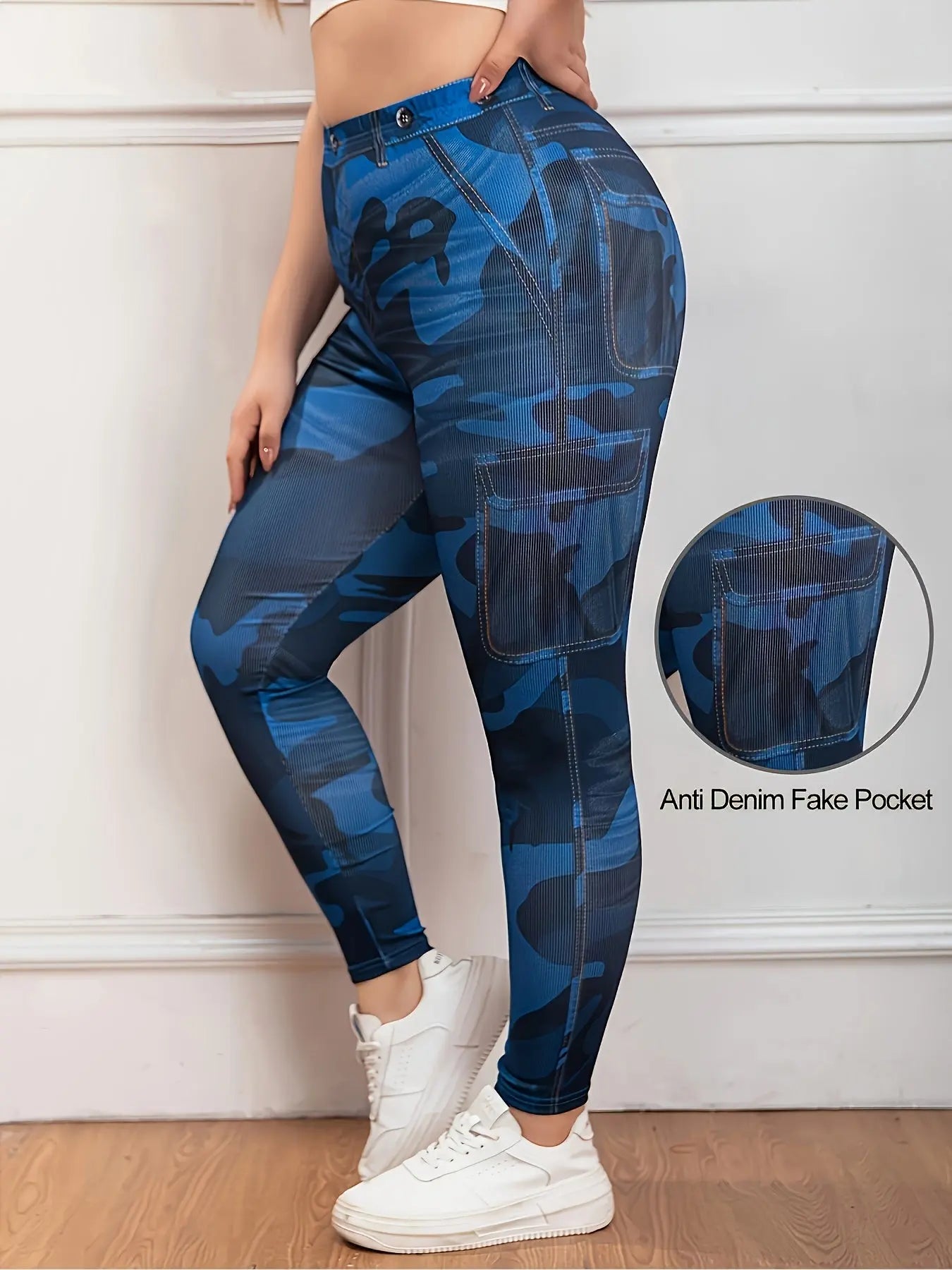 【imitation denim】Plus Size - Stretchy Leggings with a Camouflage Pattern for Plus-Size Women. Lady T Fashions