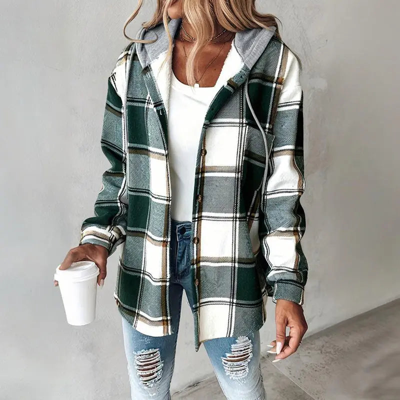 Women's Plaid Hoodie Long Sleeve Jacket Button Drawstring Casual Fall Shirts Shacket With Pocket Lady T Fashions