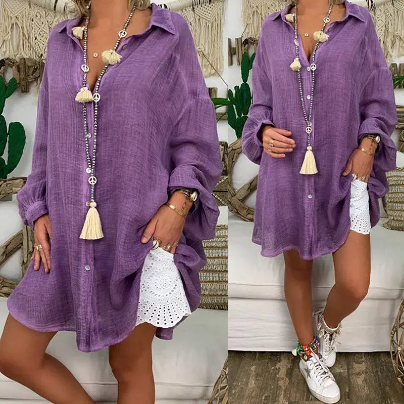 Plus Size Women's Solid Color Notch Lapel Long Sleeve Dress With Button Front Sheer Lightweight Midi Dress For Summer Lady T Fashions
