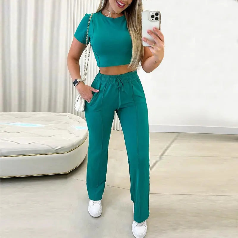 Round Neck Short Sleeve Straight Pants Sports Casual Suit Lady T Fashions