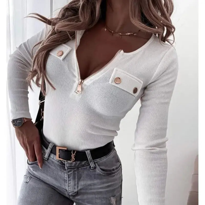 Knitted Slim-fit Long-sleeved Pullover Zipper Top Lady T Fashions