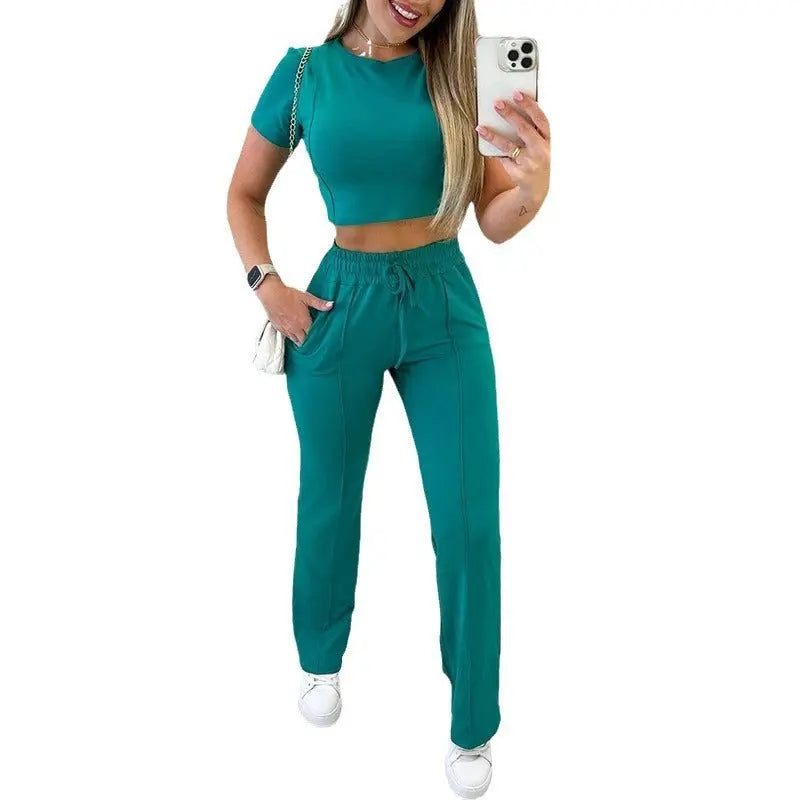 Round Neck Short Sleeve Straight Pants Sports Casual Suit Lady T Fashions
