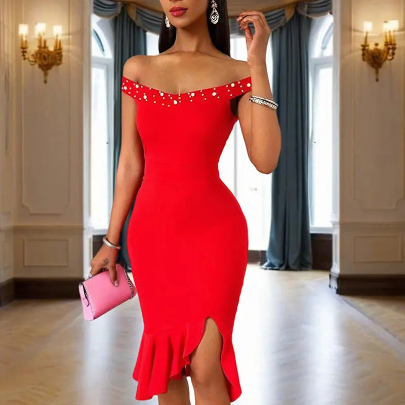 Women's Solid Color Beaded Off-Shoulder Bodycon Dress - Ruffle Hem & Slit Tight Midi Dress For Summer Parties Lady T Fashions