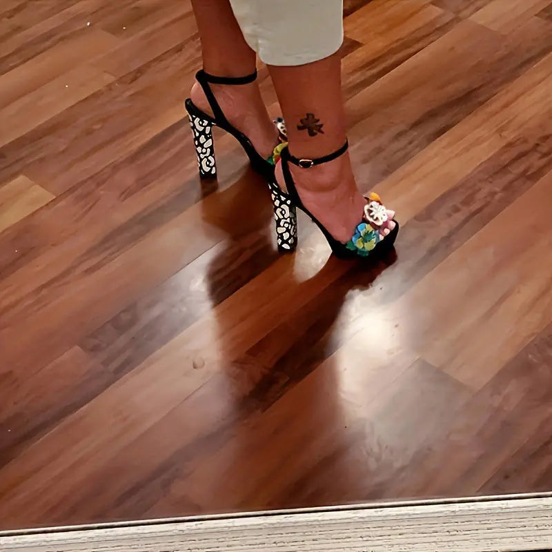 Women's 3D Floral Ankle Strap High Heels, Open Toe Chunky Heel Sandals, Fashionable Dress Shoes Lady T Fashions