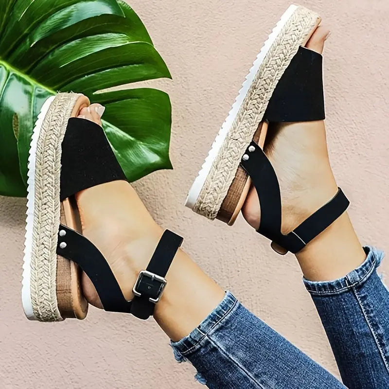 Mid Heel Platform Espadrille Sandals - Buckle Ankle Strap, Open Toe, Lightweight, Non Slip, Faux Leather Upper, PU Sole, Comfortable, Casual, Solid Color, Summer Shoes for Women Lady T Fashions