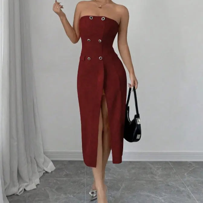 Women's Solid Color Button Sleeveless Slit Slim Fit Dress Lady T Fashions
