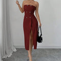 Women's Solid Color Button Sleeveless Slit Slim Fit Dress Lady T Fashions