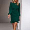 Women's Solid Color Bohemian Puff Sleeve Dress - Slim Fit Round Neck Long Sleeve Dress For Casual & Semi-Formal Occasions Lady T Fashions