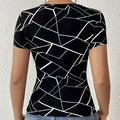 Ladies' Geometric Print Design Casual Style Hollowed Out Front Collar Round Neck Shoulder T-shirt Top Lady T Fashions