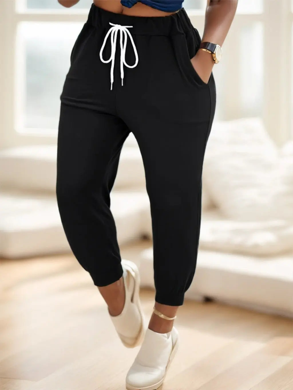 Solid Drawstring Waist Jogger Pants Lady T Fashions