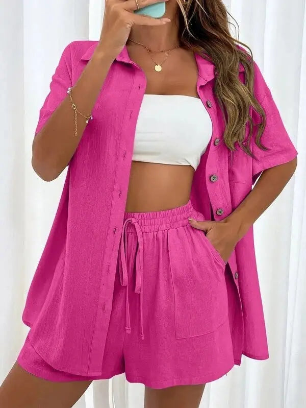 Women's Fashion Shorts Two Pieces Solid Color Shirt Suit Lady T Fashions