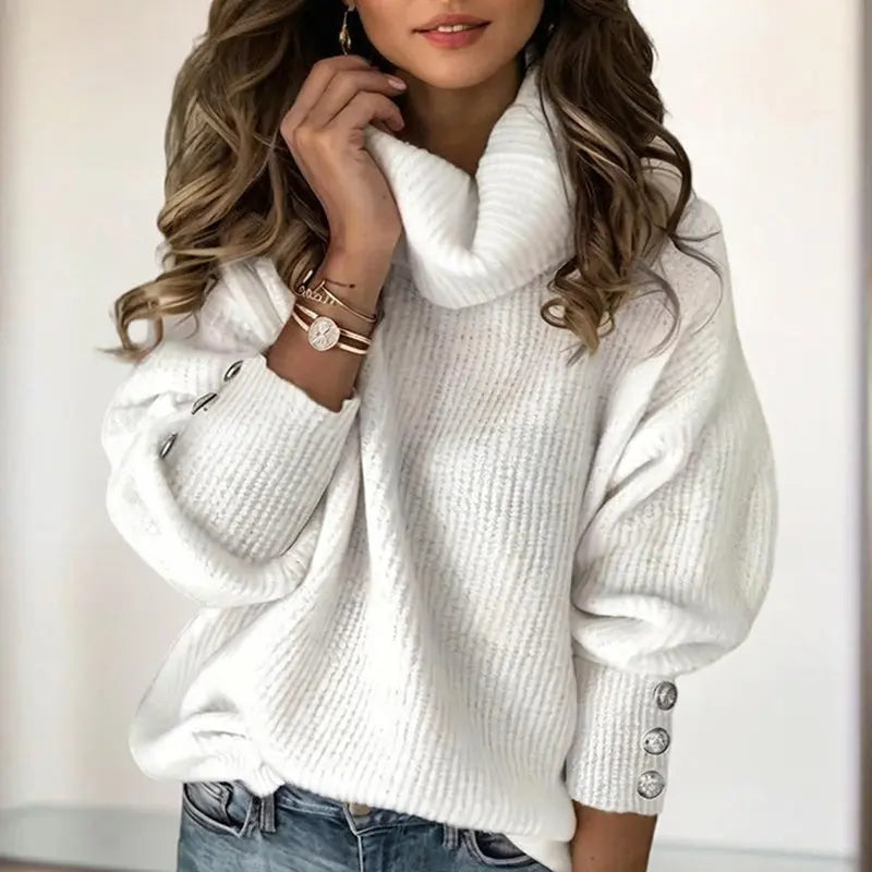Women's Solid Color High-Neck Sweater - Button Cuff Detail, Cozy Fall&Winter Loose-Fit Top Lady T Fashions