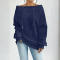 Plus Size Women's Solid Color Off-Shoulder Long Sleeve Pullover With Drawstring - Casual Ribbed Detail Top For Spring&Fall Lady T Fashions