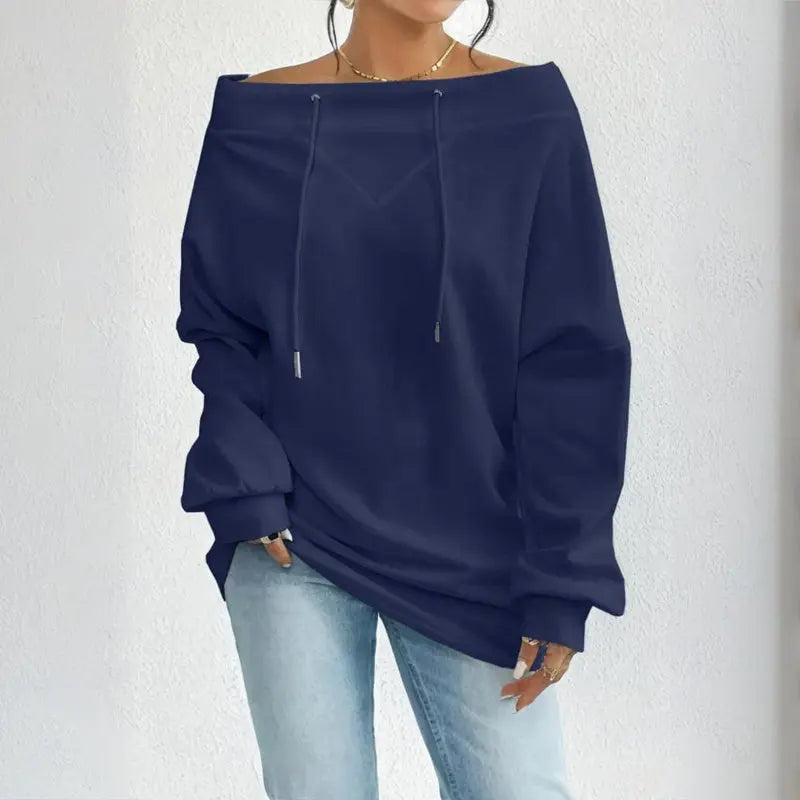 Plus Size Women's Solid Color Off-Shoulder Long Sleeve Pullover With Drawstring - Casual Ribbed Detail Top For Spring&Fall Lady T Fashions