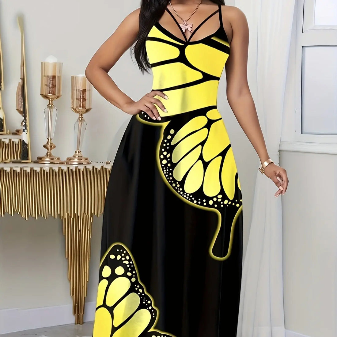 Ladies' V-neck Fashionable Butterfly Print Black Long Skirt Dress Lady T Fashions