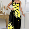 Ladies' V-neck Fashionable Butterfly Print Black Long Skirt Dress Lady T Fashions