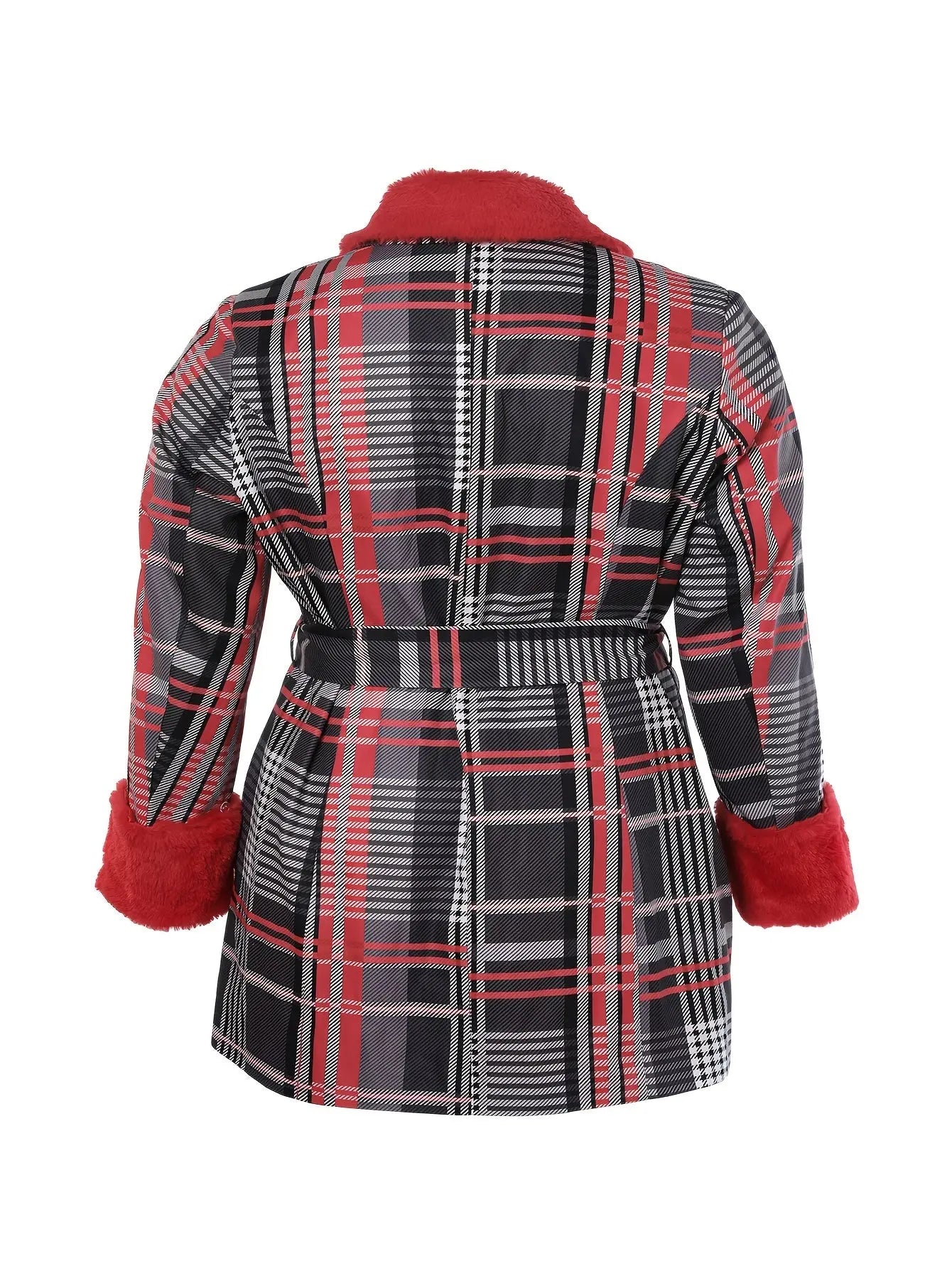 Plus Size Colorblock Plaid Coat - Ultra-Cozy Casual Design with Long Sleeve for Extra Warmth, Fuzzy Lapel for a Chic Touch, Perfect Outwear for Fall Season - Designed for Plus Size Women, Part of Womens Plus Size Clothing Col Lady T Fashions