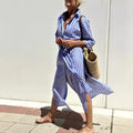 Striped Shirt Dress With Belt Fashion Half-sleeved Lapel Button Cardigan Dresses Women's Clothing Lady T Fashions