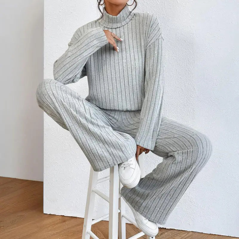 Women's Solid Color 2-Piece Set High Neck Long Sleeve Top & Pants, Striped Loungewear For Fall&Winter Lady T Fashions