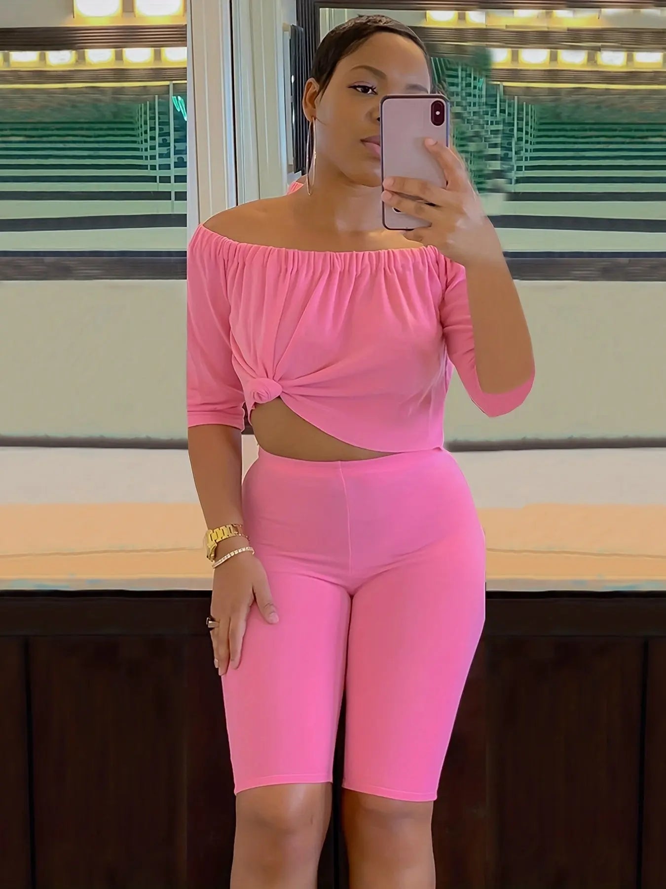 Sexy Solid Fashion Pantsuits Two-piece Set, Off Shoulder Short Sleeve Tops & Slim Shorts Set, Women's Clothing Lady T Fashions
