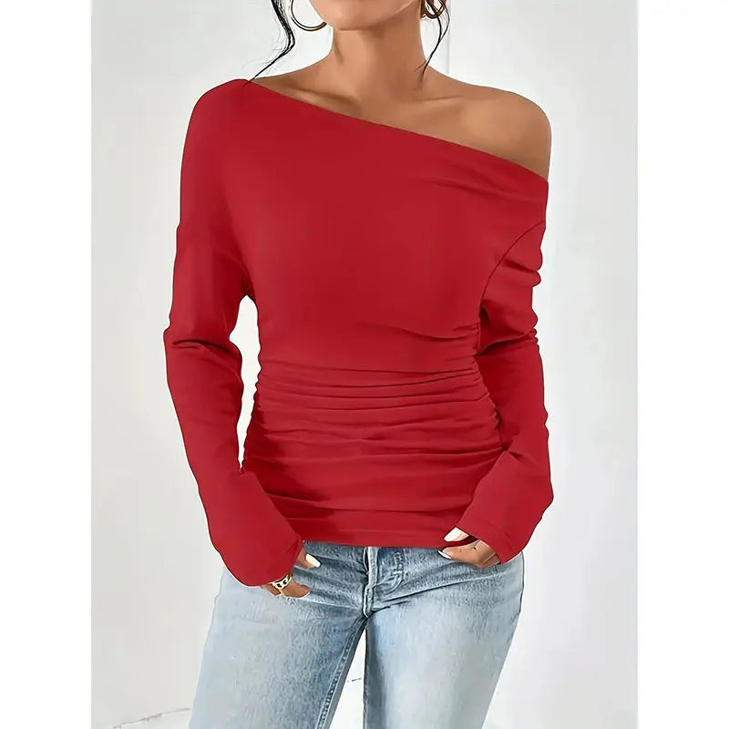 Women's Off The Shoulder Tops Long Sleeve T Shirts Going Out Tops Casual Trendy Ruched Slim Fitted Tees Lady T Fashions
