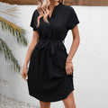Women's Elegant V Neck Short Sleeve High Waist Summer Casual Dress With Belt Lady T Fashions