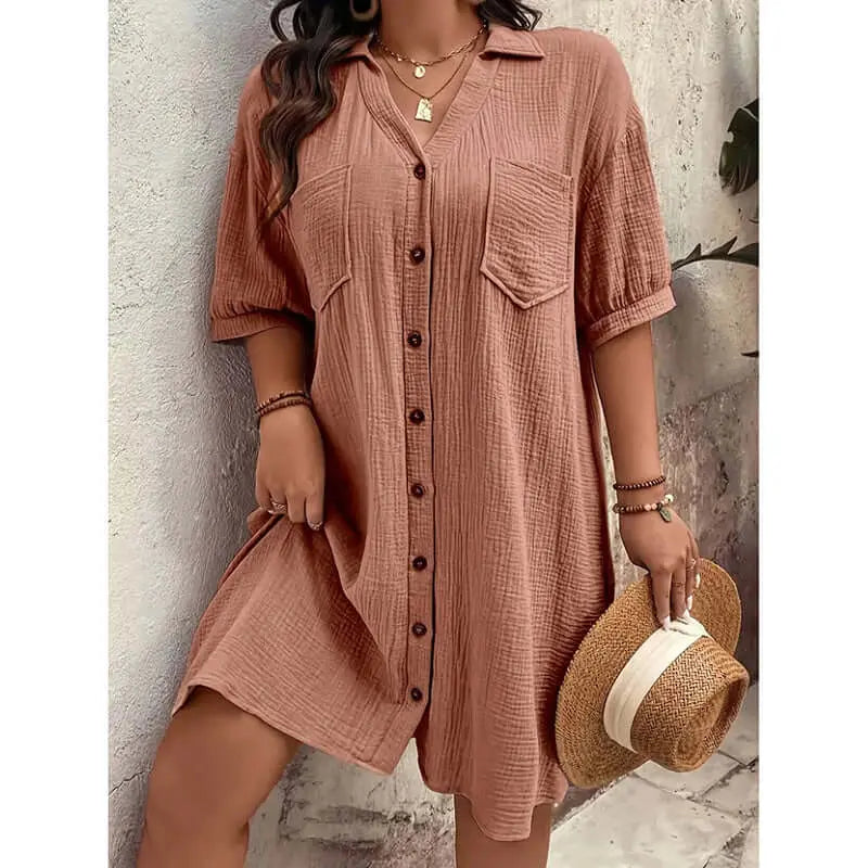 Womens Cotton Shirt Dress Summer Casual Short Sleeve Button Down V Neck Loose Mini Dress With Pockets Lady T Fashions