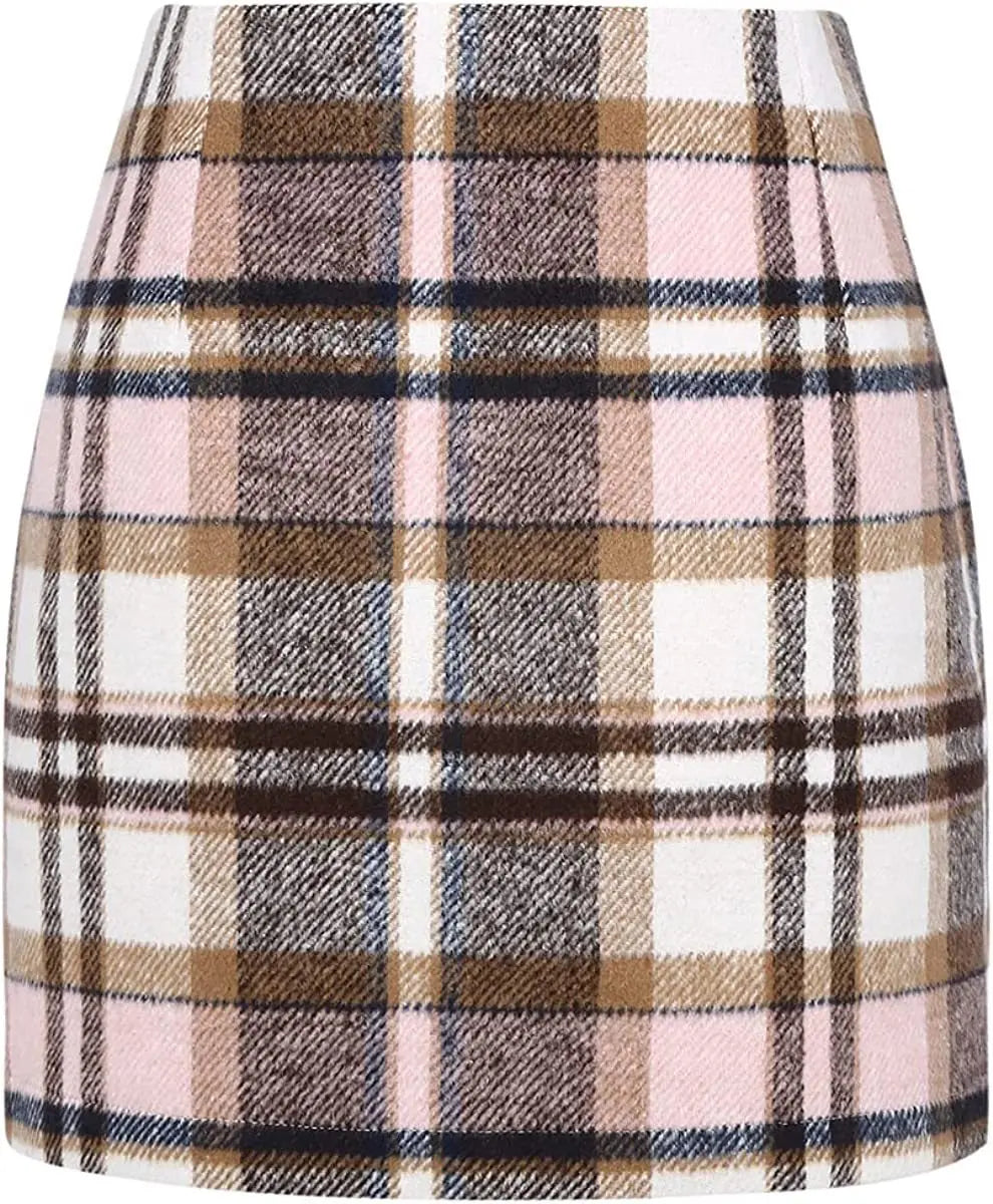 Women's High Waist Plaid Tight Pencil Wool Mini Skirt Lady T Fashions