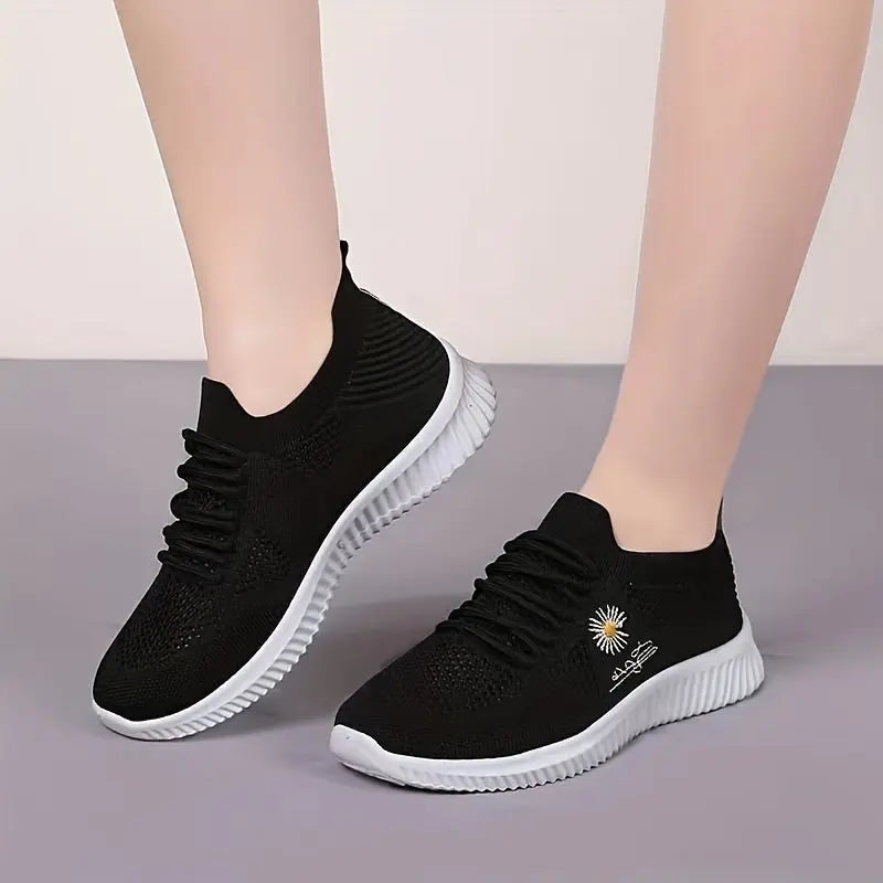 Women's Daisy Knitted Sock Sneakers, Breathable & Comfortable Lace Up Sports Shoes, Casual Running Walking Sneakers Lady T Fashions