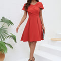 Women's Solid Color Pleated V-neck Slim Fit Waist Cinched A-line Dress Lady T Fashions