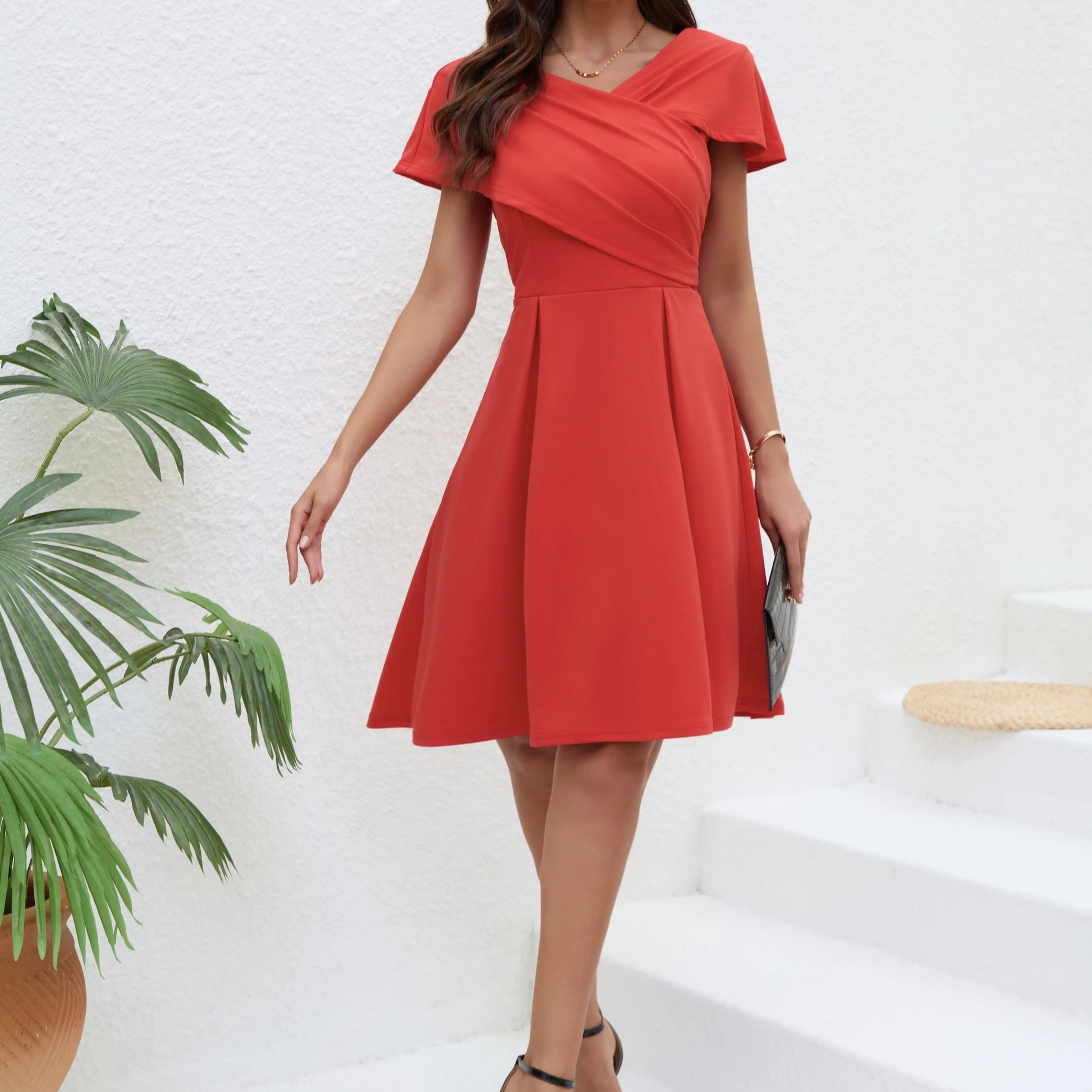 Women's Solid Color Pleated V-neck Slim Fit Waist Cinched A-line Dress Lady T Fashions